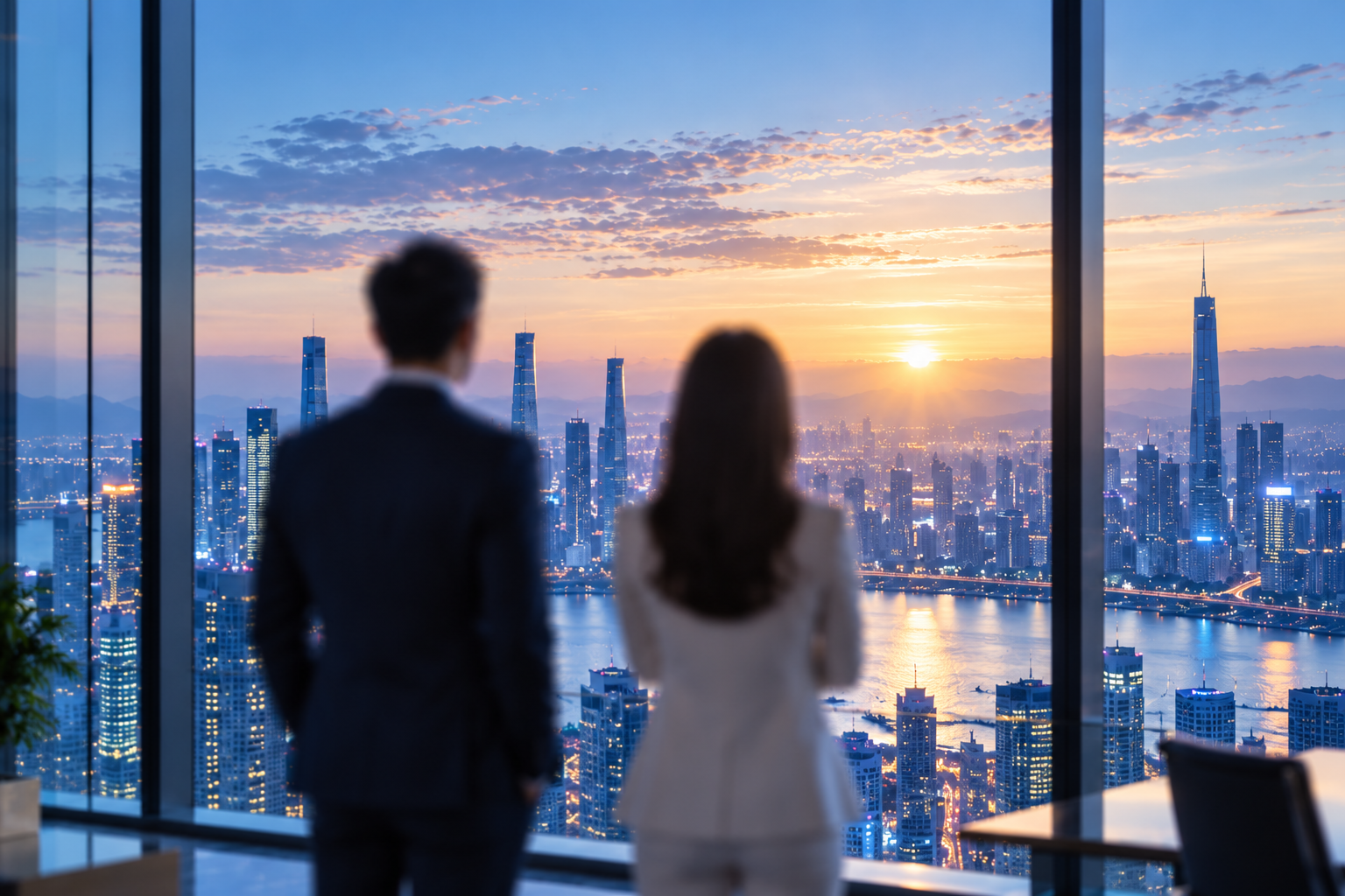 Professionals looking towards a city skyline at dawn, representing future vision